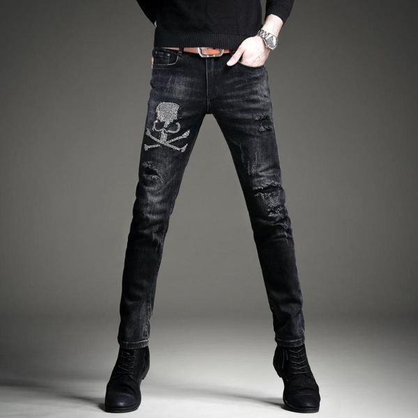 men's jeans male denim personality pirate skull rhinestone brand european pants holes autumn trousers, Blue
men's jeans male denim personality pirate skull rhinestone brand european pants holes autumn trousers, Blue