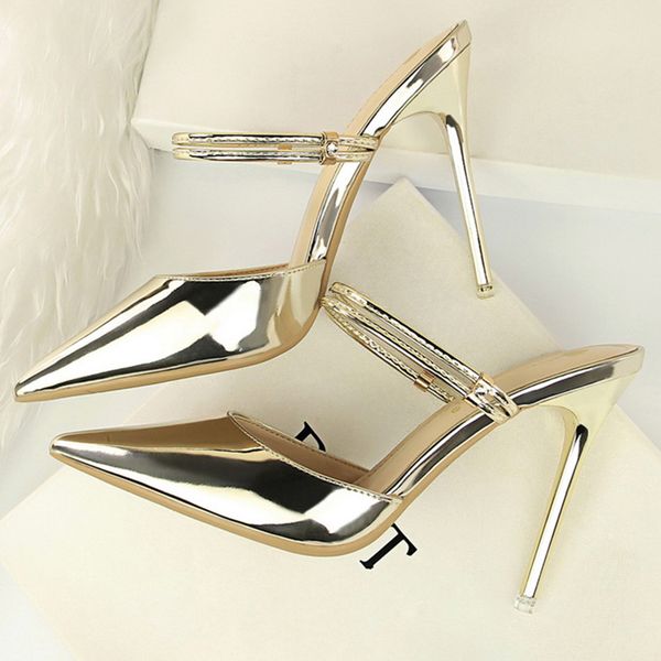 2020 summer women fashion 10cm high heels slides female pointed toe gold mule slippers lady casual scarpins sandals shoes, Black 
2020 summer women fashion 10cm high heels slides female pointed toe gold mule slippers lady casual scarpins sandals shoes, Black