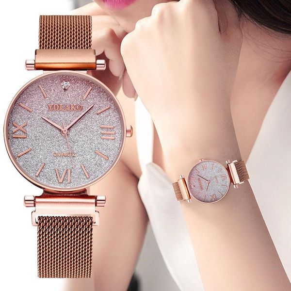 

luxury women bracelet watch 2019 rose gold watch ladies fashion starry sky magnetic wristwatches quartz clock female reloj mujer, Slivery;brown