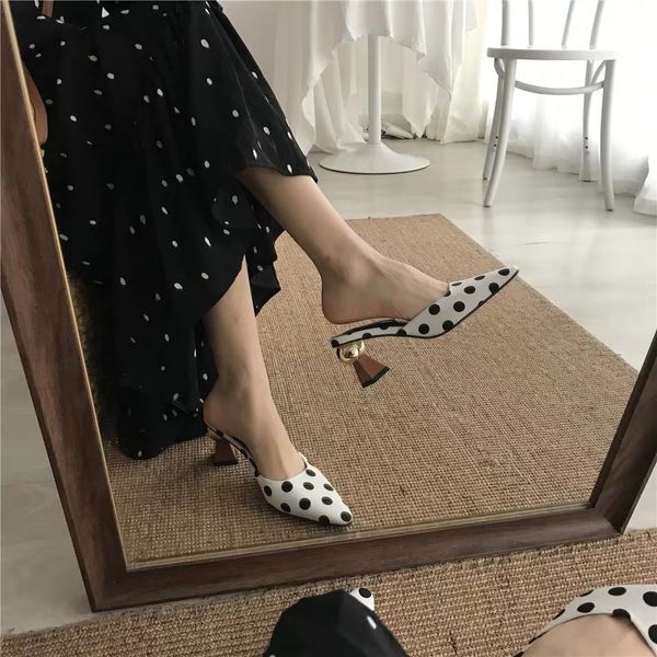 female slippers polka dot design fashion slip on high heels sandals slides mules shoes shaped heeled elegant pumps mules, Black
female slippers polka dot design fashion slip on high heels sandals slides mules shoes shaped heeled elegant pumps mules, Black