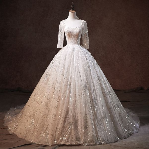 shining square neck ball gown wedding dresses beaded and sequins luxury wedding dresses tiered ball gown wedding dresses with 1/2 sleeve, White
shining square neck ball gown wedding dresses beaded and sequins luxury wedding dresses tiered ball gown wedding dresses with 1/2 sleeve, White