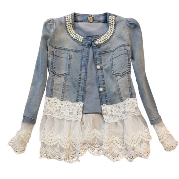 female casual acrylic lace patchwork denim jackets women long sleeve spliced regular single breasted outwear, Black;brown
female casual acrylic lace patchwork denim jackets women long sleeve spliced regular single breasted outwear, Black;brown