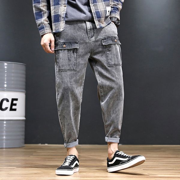 denim jeans men cargo pants pockets solid color stretch plus size vintage lightweight summer male loose ankle-length jeans, Blue
denim jeans men cargo pants pockets solid color stretch plus size vintage lightweight summer male loose ankle-length jeans, Blue