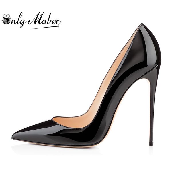 onlymaker ladies shoes size 35-46 thin high heel pumps pointed toe patent leather shoes wedding pumps, Black