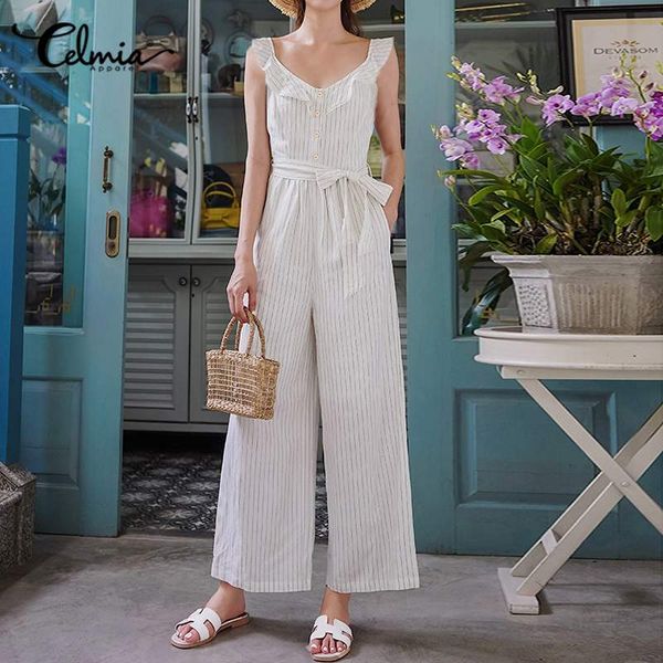 women's jumpsuits & rompers 2021 celmia women casual loose striped summer sleeveless backless playsuits ruffled wide leg trousers overa, Black;white
women's jumpsuits & rompers 2021 celmia women casual loose striped summer sleeveless backless playsuits ruffled wide leg trousers overa, Black;white