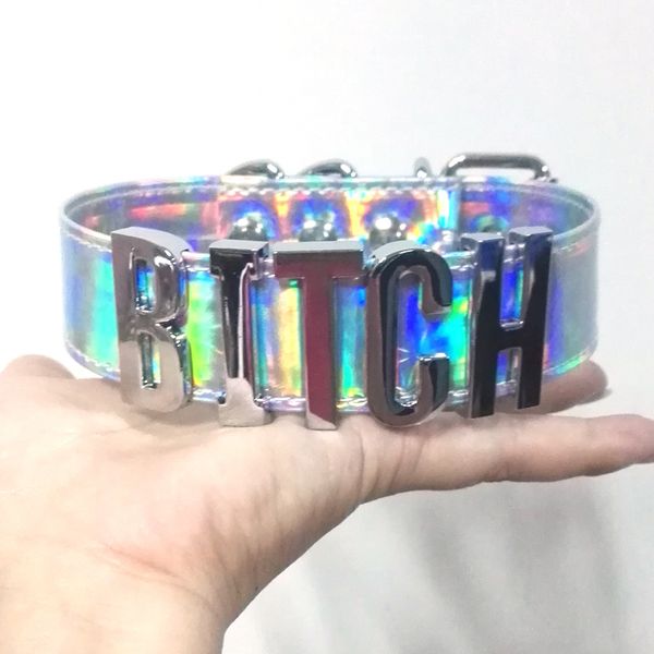 100% handmade custom letter choker holographic pu leather laser word collar bondage cosplay choker necklace, Silver
100% handmade custom letter choker holographic pu leather laser word collar bondage cosplay choker necklace, Silver