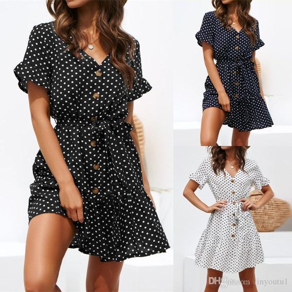 women summer beach chiffon dress casual short sleeve polka dot dress boho mini party dress elegant v neck sundress, Black;gray
women summer beach chiffon dress casual short sleeve polka dot dress boho mini party dress elegant v neck sundress, Black;gray
