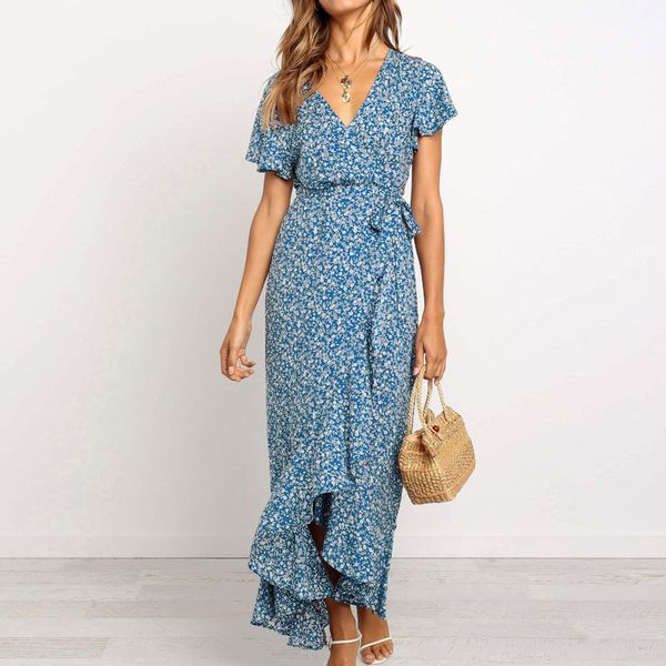 long maxi dress women summer boho vestidos floral print beach dress v neck short sleeve ruffles dresses sundress, White;black
long maxi dress women summer boho vestidos floral print beach dress v neck short sleeve ruffles dresses sundress, White;black