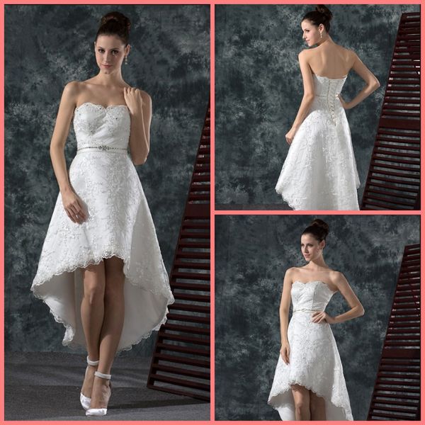 2019 white lace appliques high low wedding dress strapless sweetheart neck with beading sashes bride gowns selling
2019 white lace appliques high low wedding dress strapless sweetheart neck with beading sashes bride gowns selling