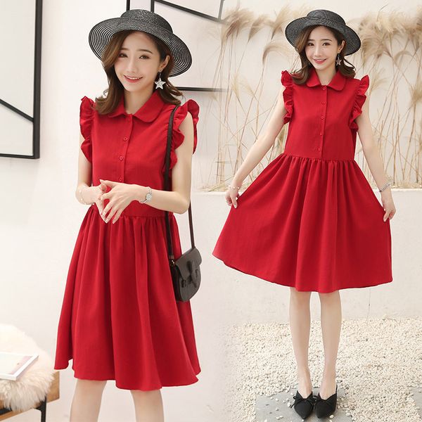 

2019 Pregnant Women New Style Peter Pan Collar Red Dress Literature And Art Loose-Fit Shirt Dress France fu gu qun Dress Summer