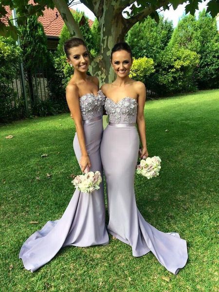 lavender bridesmaid dresses sweetheart neck mermaid prom gowns sweep train long appliqued evening dress with sash, White;pink 
lavender bridesmaid dresses sweetheart neck mermaid prom gowns sweep train long appliqued evening dress with sash, White;pink