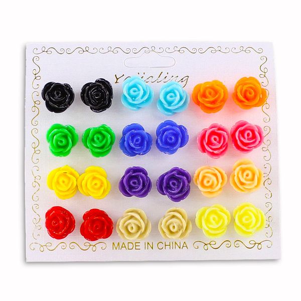mix 12 colors 12 pair/pack earring jewelry mixed lots resin rose flower stud earrings simple roses earrings for women gift, Golden;silver 
mix 12 colors 12 pair/pack earring jewelry mixed lots resin rose flower stud earrings simple roses earrings for women gift, Golden;silver