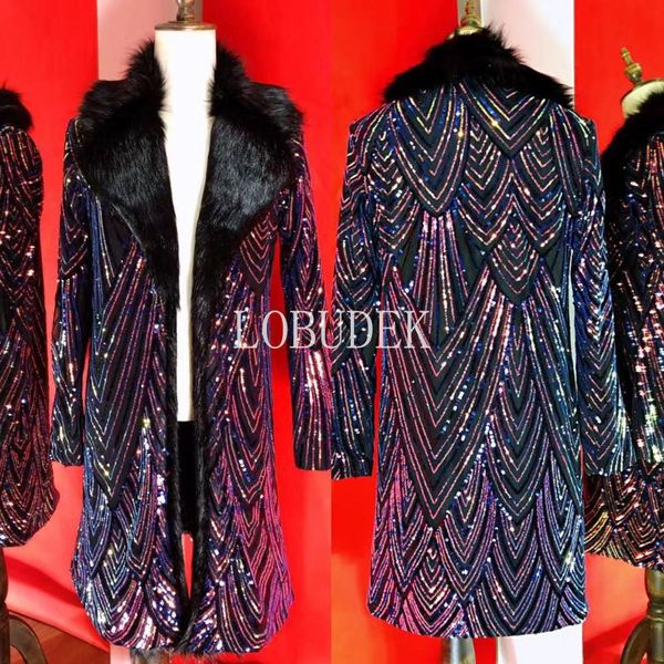 customized plus size men's faux fur overcoat performance costume purple embroidery long coat concert dj singer sequins overcoat, Black
customized plus size men's faux fur overcoat performance costume purple embroidery long coat concert dj singer sequins overcoat, Black