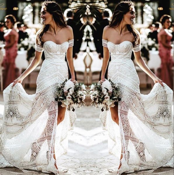 2019 off the shoulder lace a line wedding dresses split bohemia summer beach sweep train wedding bridal gowns, White
2019 off the shoulder lace a line wedding dresses split bohemia summer beach sweep train wedding bridal gowns, White