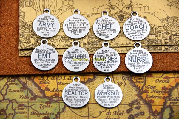 10pcs--occupation stainless steel charms "army/cheerleader/chef//emt/hairdresser/marines/nurse/realtor/workout" diy pendant, Silver
10pcs--occupation stainless steel charms "army/cheerleader/chef//emt/hairdresser/marines/nurse/realtor/workout" diy pendant, Silver
