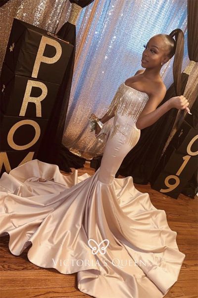 light champagne mermaid prom dresses strapless satin evening gown with tassels african black girl formal party dress
light champagne mermaid prom dresses strapless satin evening gown with tassels african black girl formal party dress