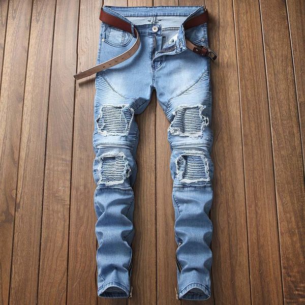 men hip hop jeans updated distressed biker casual ripped denim knee holes side zipper washed destroyed jeans ing, Blue
men hip hop jeans updated distressed biker casual ripped denim knee holes side zipper washed destroyed jeans ing, Blue