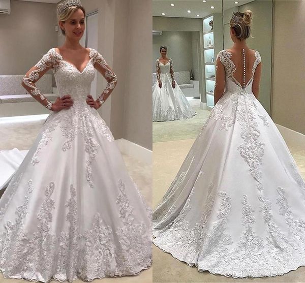 modest long sleeve a line plus size wedding dresses illusion back with button jewel neck appliques wedding dress vestidos bridal gowns, White
modest long sleeve a line plus size wedding dresses illusion back with button jewel neck appliques wedding dress vestidos bridal gowns, White
