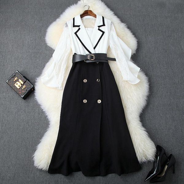 

2019 fall autumn white / black long sleeve notched-lapel minimalist plain lace panelled belted midi dress casual fashion dresses s1510t10144, Black;gray