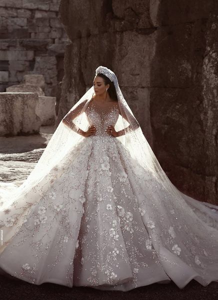 a-line luxury crystal ball gown wedding dresses sheer long sleeve lace bridal gowns 3d appliqued chapel train plus size wedding gowns, White
a-line luxury crystal ball gown wedding dresses sheer long sleeve lace bridal gowns 3d appliqued chapel train plus size wedding gowns, White