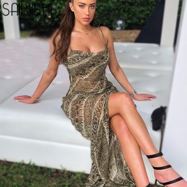 

saimishi mesh see-through snakeskin dresses spaghetti straps split backless elegant party sling print hollow out long dress, Black;gray