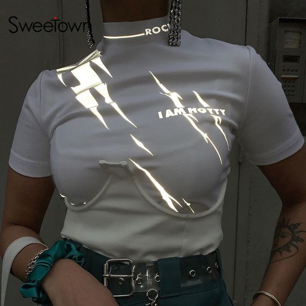 sweetown reflective print white t shirt short sleeve o-neck slim crop basic tshirt summer holiday clothes
sweetown reflective print white t shirt short sleeve o-neck slim crop basic tshirt summer holiday clothes