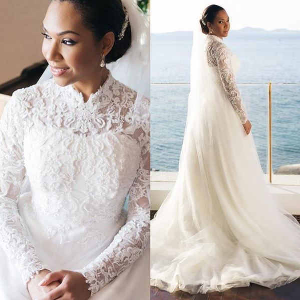 elegant lace long sleeves wedding dresses high neck beaded bridal gowns a line sweep train tulle robe de mariée, White
elegant lace long sleeves wedding dresses high neck beaded bridal gowns a line sweep train tulle robe de mariée, White