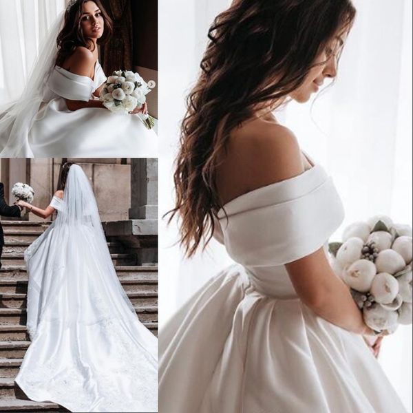 simple satin off the shoulder bridal gown elegant plus size backless courtintrain wedding dress custom made vestido de novia, White
simple satin off the shoulder bridal gown elegant plus size backless courtintrain wedding dress custom made vestido de novia, White