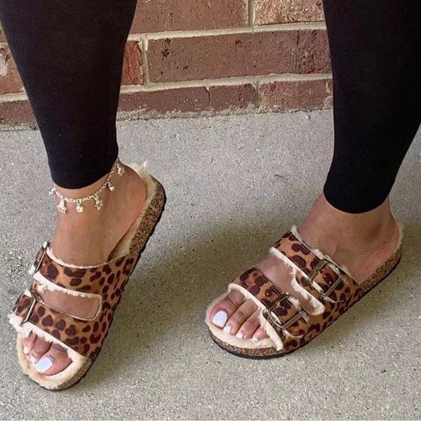 winter women slippers leopard shoes hollow flat heels platform fur sole beach mules ladies slides party sandals zapatos de mujer, Black