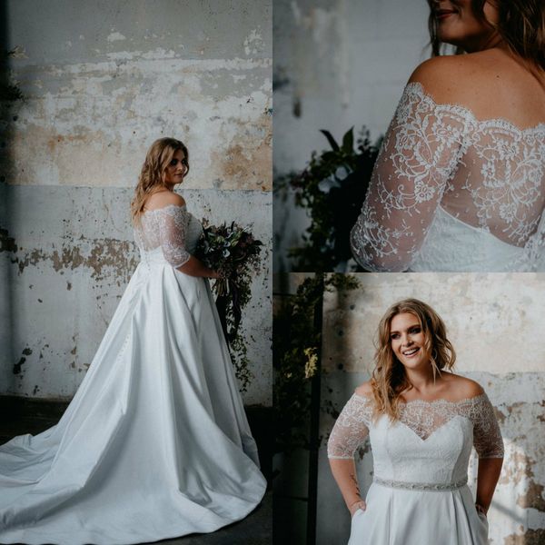 2019 plus size wedding dresses off the shoulder lace half long sleeve a line sash country wedding dress sweep train beach bridal gowns, White
2019 plus size wedding dresses off the shoulder lace half long sleeve a line sash country wedding dress sweep train beach bridal gowns, White