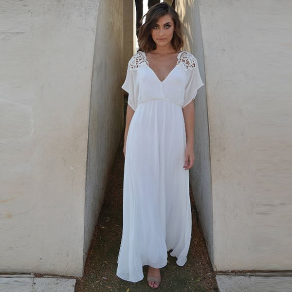 elegant bohemain wedding dress v neck lace beach bridal gown hollow back floor length chiffon wedding gown, White
elegant bohemain wedding dress v neck lace beach bridal gown hollow back floor length chiffon wedding gown, White