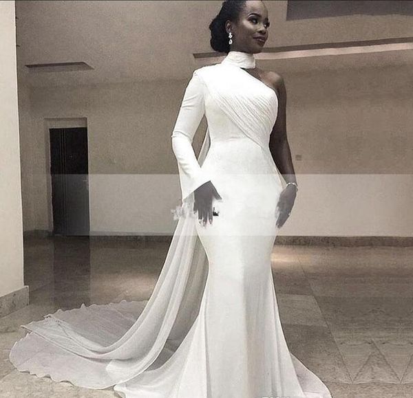 2020 african white high neck chiffon mermaid long evening dresses one shoulder ruched sweep train formal party red carpet prom gowns, Black
2020 african white high neck chiffon mermaid long evening dresses one shoulder ruched sweep train formal party red carpet prom gowns, Black