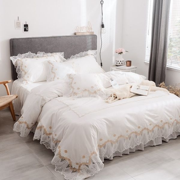 100%cotton white lace bedding set king twin size solid princess bed set girls korean duvet cover bed skirt pillowcase