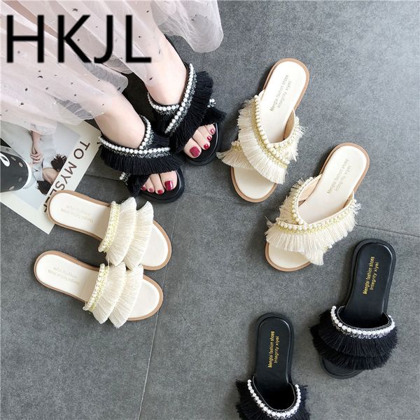 hkjl 2019 summer new korean version outside wearing crossed monocoque slippers female beaded casual tassel flat slippers a501, Black
hkjl 2019 summer new korean version outside wearing crossed monocoque slippers female beaded casual tassel flat slippers a501, Black