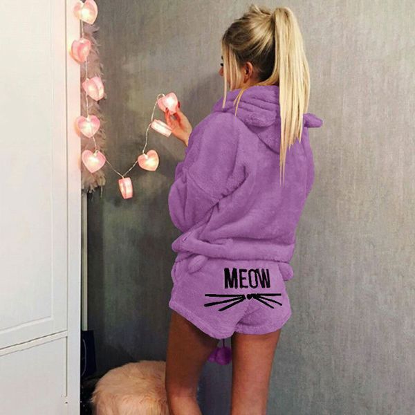 women new coral velvet suit two piece autumn winter pajamas warm sleepwear cute cat meow pattern hoodies shorts set high quality, White 
women new coral velvet suit two piece autumn winter pajamas warm sleepwear cute cat meow pattern hoodies shorts set high quality, White