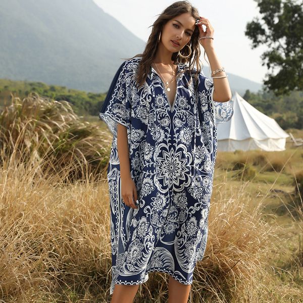 women's swimwear bohemian printed summer beach dress bathing suit cover-ups plus size women wear swim cover up blue cotton tunic a132, White;black
women's swimwear bohemian printed summer beach dress bathing suit cover-ups plus size women wear swim cover up blue cotton tunic a132, White;black