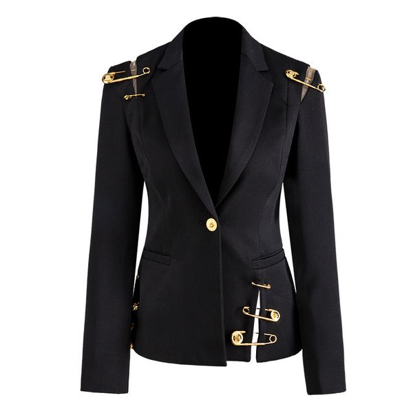 street stylish women blazer single button mesh patchwork pin slim quality black blazer, White;black
street stylish women blazer single button mesh patchwork pin slim quality black blazer, White;black
