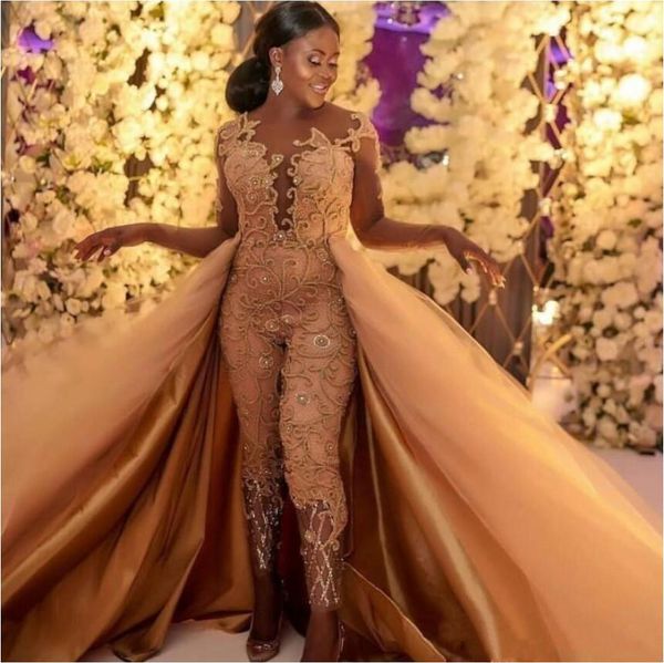 2019 classic jumpsuits prom dresses with detachable train lace appliqued long sleeves evening gowns luxury african party women's pant s, Black
2019 classic jumpsuits prom dresses with detachable train lace appliqued long sleeves evening gowns luxury african party women's pant s, Black