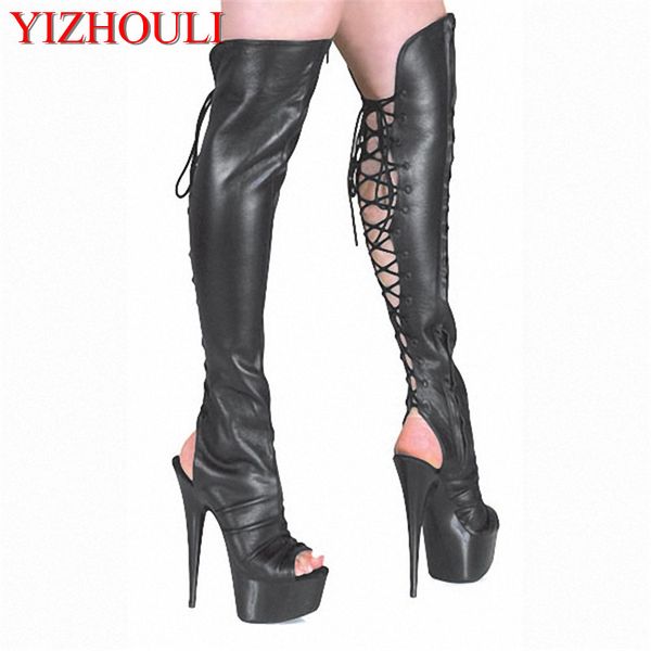 

15cm high-heeled shoes cutout over-the-knee women's boots back strap open toe sandals 6 inch heels thigh high boots, Black