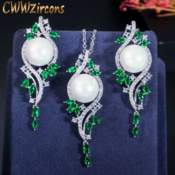 cwwzircons elegant design green cubic zirconia crystal long pearl drop earring necklace vintage jewelry set for women t379, Silver
cwwzircons elegant design green cubic zirconia crystal long pearl drop earring necklace vintage jewelry set for women t379, Silver