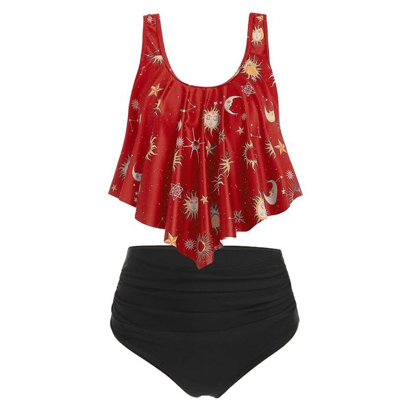 high waisted sun stars moon flounce tankini set u neck padded two piece swimsuit ruched swimwear backless beachwear, White;black
high waisted sun stars moon flounce tankini set u neck padded two piece swimsuit ruched swimwear backless beachwear, White;black