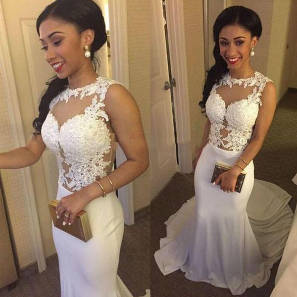2019 sheer neck mermaid long prom dress white lace appliques evening dress women formal gown, Black
2019 sheer neck mermaid long prom dress white lace appliques evening dress women formal gown, Black