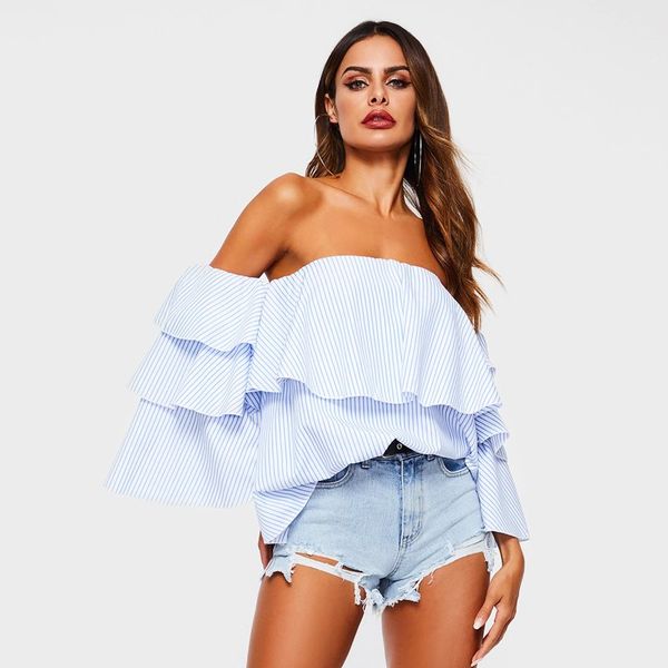 women off shoulder blouse 2019 fashion ruffles striped shirt ladies summer blue street travel casual backless blouses, White
women off shoulder blouse 2019 fashion ruffles striped shirt ladies summer blue street travel casual backless blouses, White