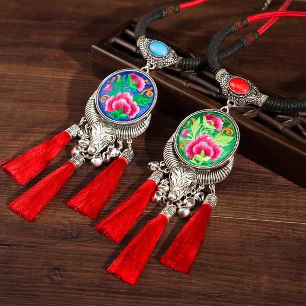 necklaces & pendants retro ethnic miao necklaces classic embroidery ceramic beads tassels leather rope blue with bells pendants, Silver
necklaces & pendants retro ethnic miao necklaces classic embroidery ceramic beads tassels leather rope blue with bells pendants, Silver