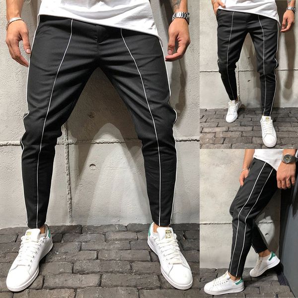 white lines panelled mens designer pants fashion loose drawstring panelled mens sports pants casual males clothing, Black