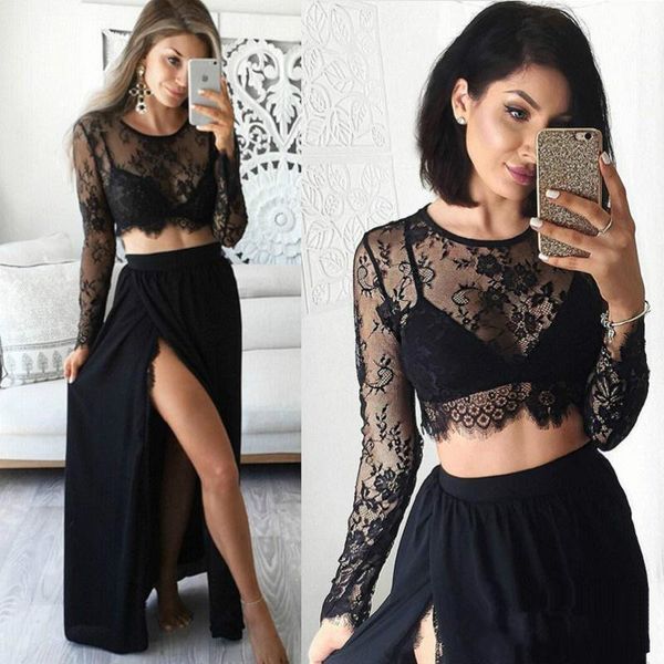 two pieces long sleeve lace prom dress 2 piece party gowns side split maxi dress black lace chiffon evening dresses applique lace dresses, Black;red
two pieces long sleeve lace prom dress 2 piece party gowns side split maxi dress black lace chiffon evening dresses applique lace dresses, Black;red