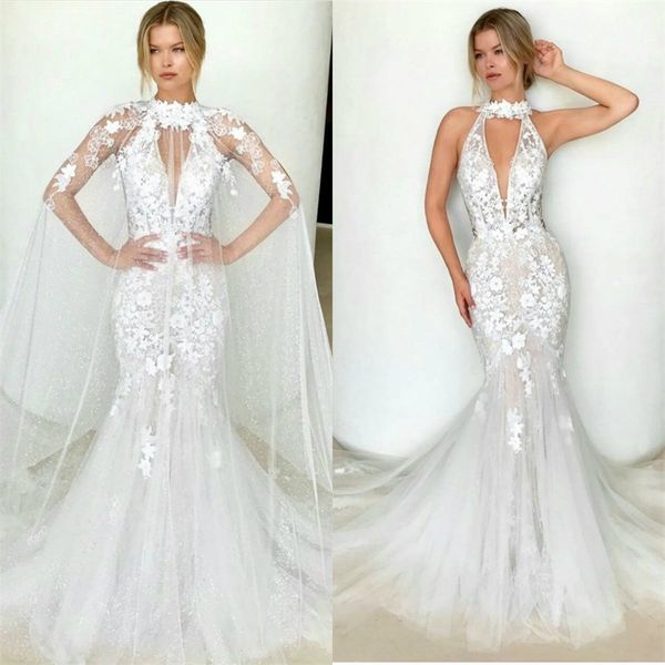 halter mermaid wedding dresses with detachable wrap sleeveless appliqued lace bridal gown sweep train custom made vestidos de novia, White
halter mermaid wedding dresses with detachable wrap sleeveless appliqued lace bridal gown sweep train custom made vestidos de novia, White