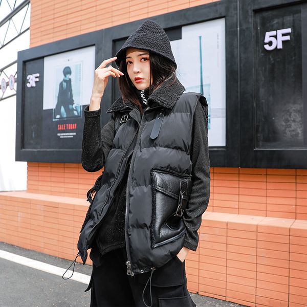 women winter coat loose thick sleeveless splice faux fur black cotton padded vest jacket female streetwear punk parka outerwear, Black;white
women winter coat loose thick sleeveless splice faux fur black cotton padded vest jacket female streetwear punk parka outerwear, Black;white