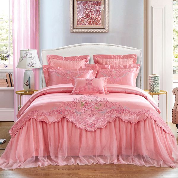 pink luxury wedding style lace embroidery 100% jacquard cotton princess bedding set duvet cover bed sheet bedspread pillowcases
pink luxury wedding style lace embroidery 100% jacquard cotton princess bedding set duvet cover bed sheet bedspread pillowcases