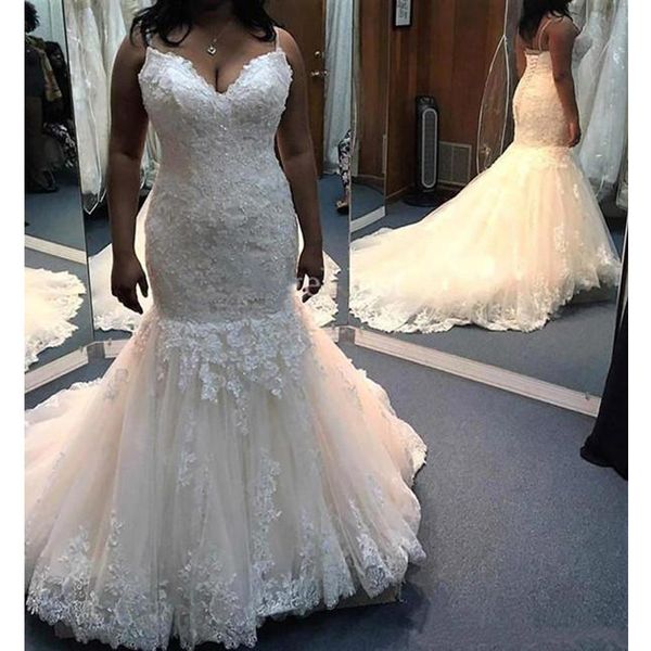 2020 plus size wedding dresses mermaid spaghetti lace applique bridal gowns backless sweep train wedding gowns, White
2020 plus size wedding dresses mermaid spaghetti lace applique bridal gowns backless sweep train wedding gowns, White